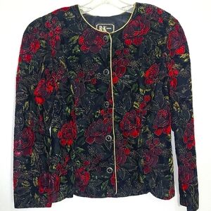Mobwife Estate Velvet Blazer Red Roses Black Gold Buttons Sz 12 R&K Vintage USA